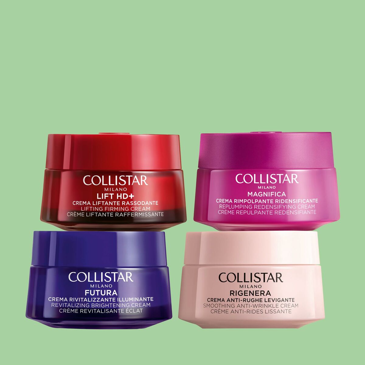 Collistar skincare creams: Lift HD, Magnifica, Futura, and Rigenera in colorful jars on green background.