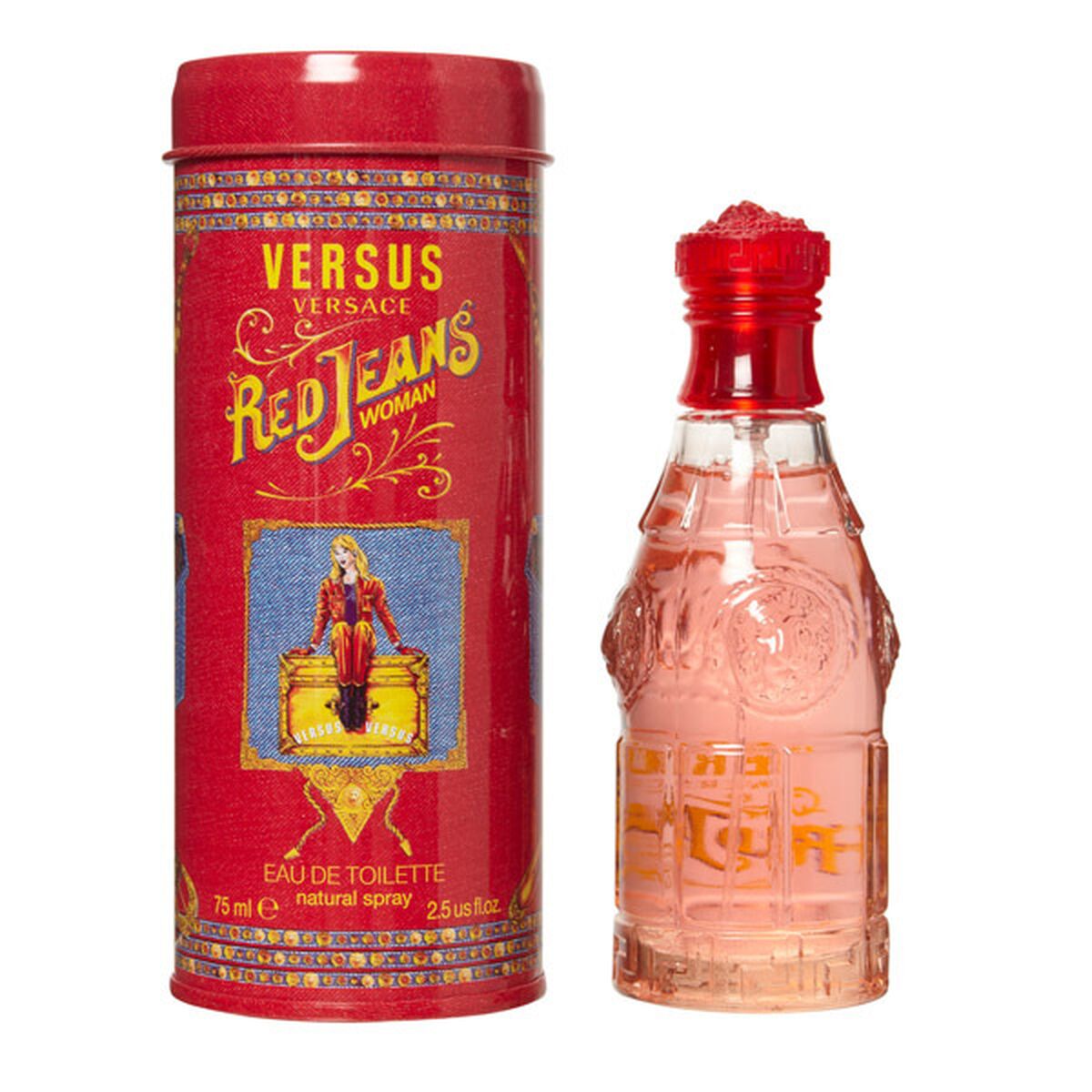 Parfum Femme Versace Red Jeans EDT eau de toilette in decorative packaging, 75 ml, featuring a unique bottle design.