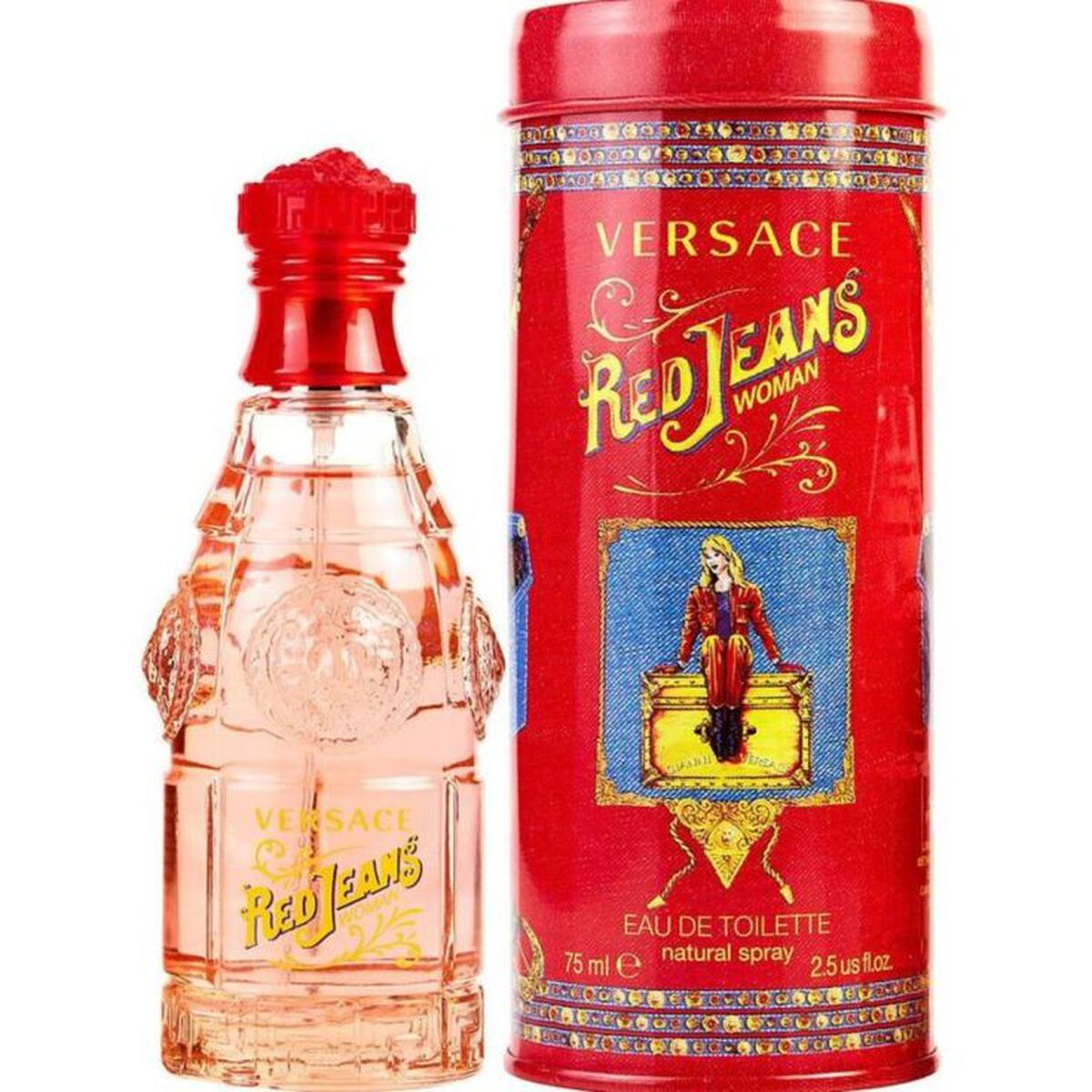 Parfum Femme Versace Red Jeans EDT in decorative packaging, showcasing a feminine fragrance in a chic bottle.