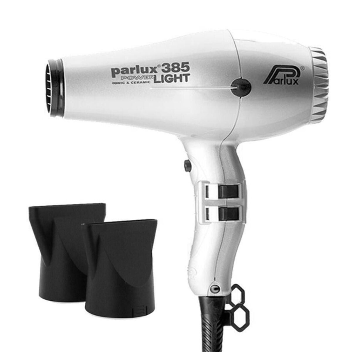 Sèche-cheveux Parlux 385 Argenté avec embouts concentrateurs pour un coiffage précis et efficace.