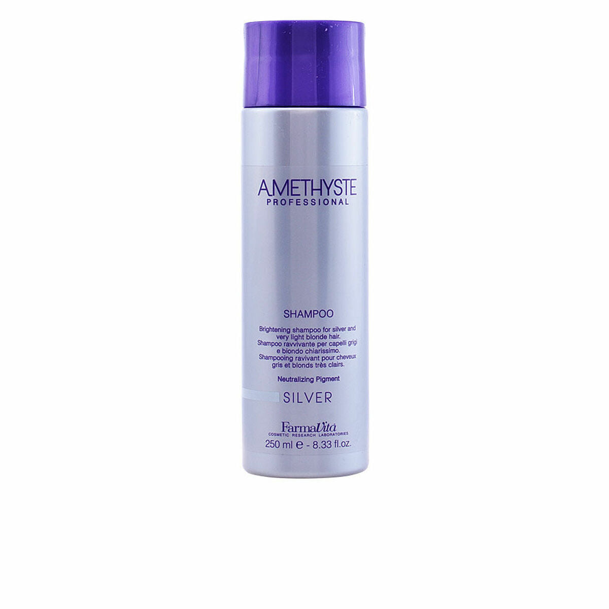 Shampooing Amethyste Silver Farmavita 250 ml bouteille, revitalisant cheveux, unisexe, finition argentée.