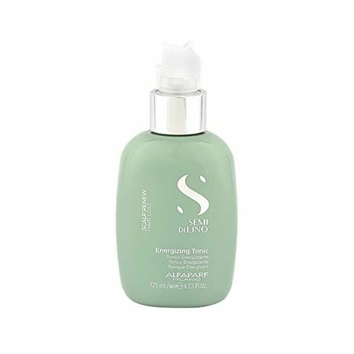 Tonique Semi Di Lino Energizing by Alfaparf Milano, 125 ml revitalizing hair tonic in sleek green bottle.