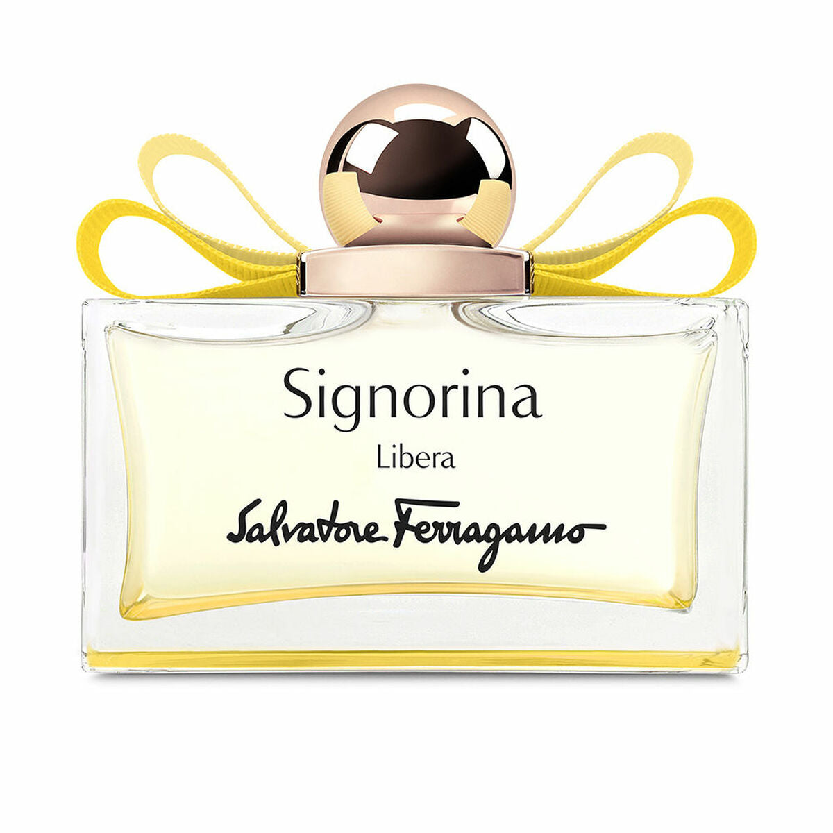 Parfum femme Salvatore Ferragamo Signorina Libera 100 ml, EDP avec un élégant flacon et un nœud jaune.