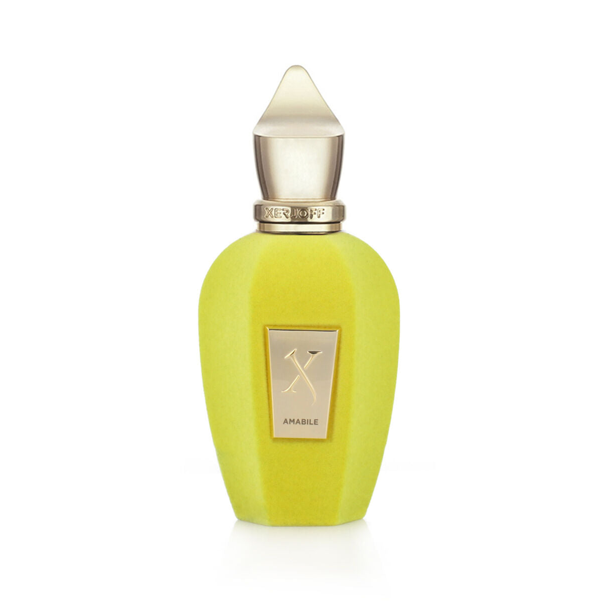 Bouteille de parfum unisexe Xerjoff Amabile EDP 50 ml avec un design élégant en verre jaune.