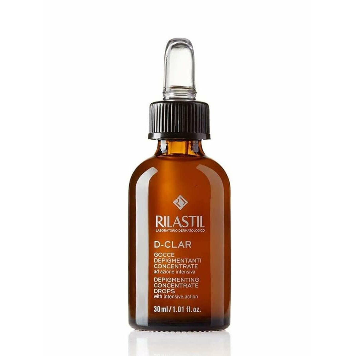 Rilastil D-CLAR depigmenting drops in brown glass bottle with dropper, 30 ml size.