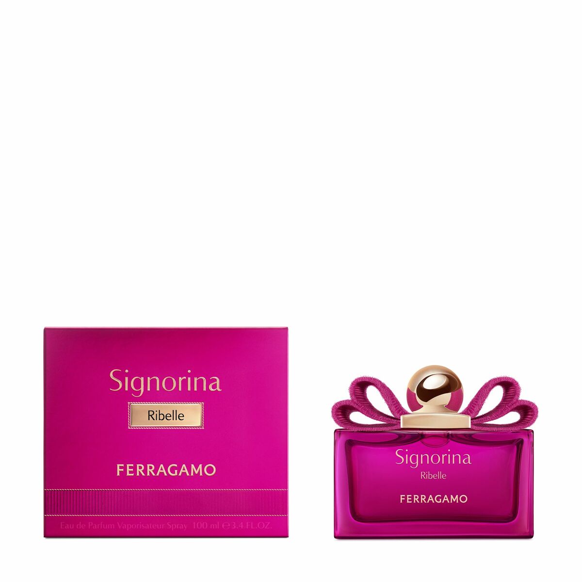 Parfum unisexe Salvatore Ferragamo Signorina Ribelle avec emballage rose et flacon élégant.
