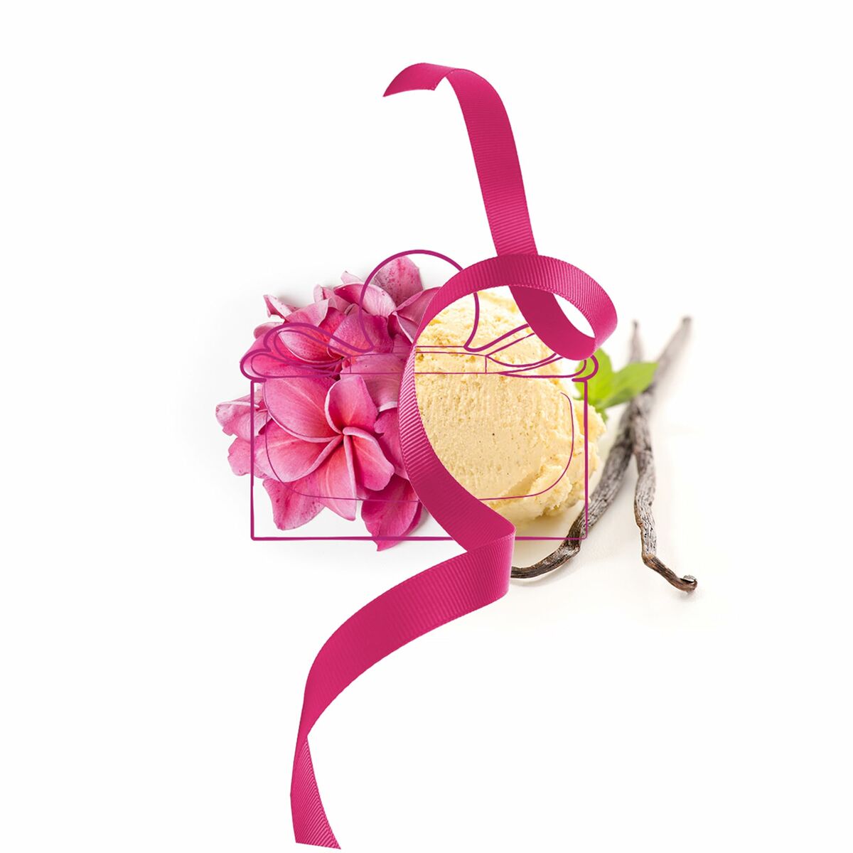 Floral arrangement with pink ribbon, vanilla pod, and creamy ice cream, representing fragrance and sweetness.