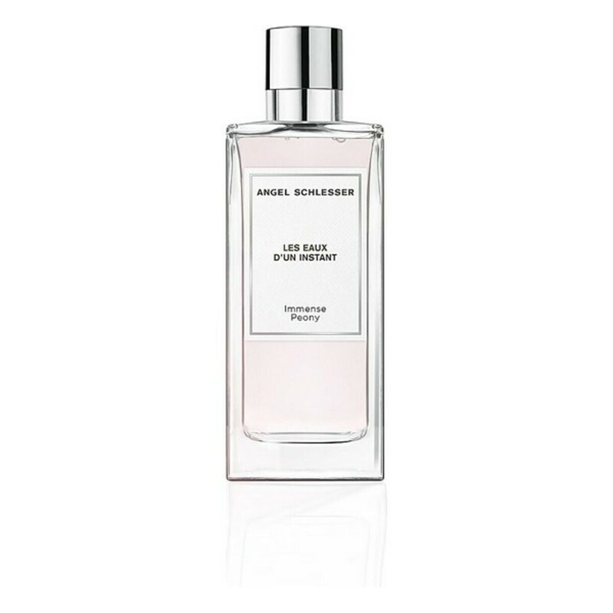 Bouteille de parfum Inmense Peony Angel Schlesser EDT 100 ml, élégante et féminine, sur fond blanc.