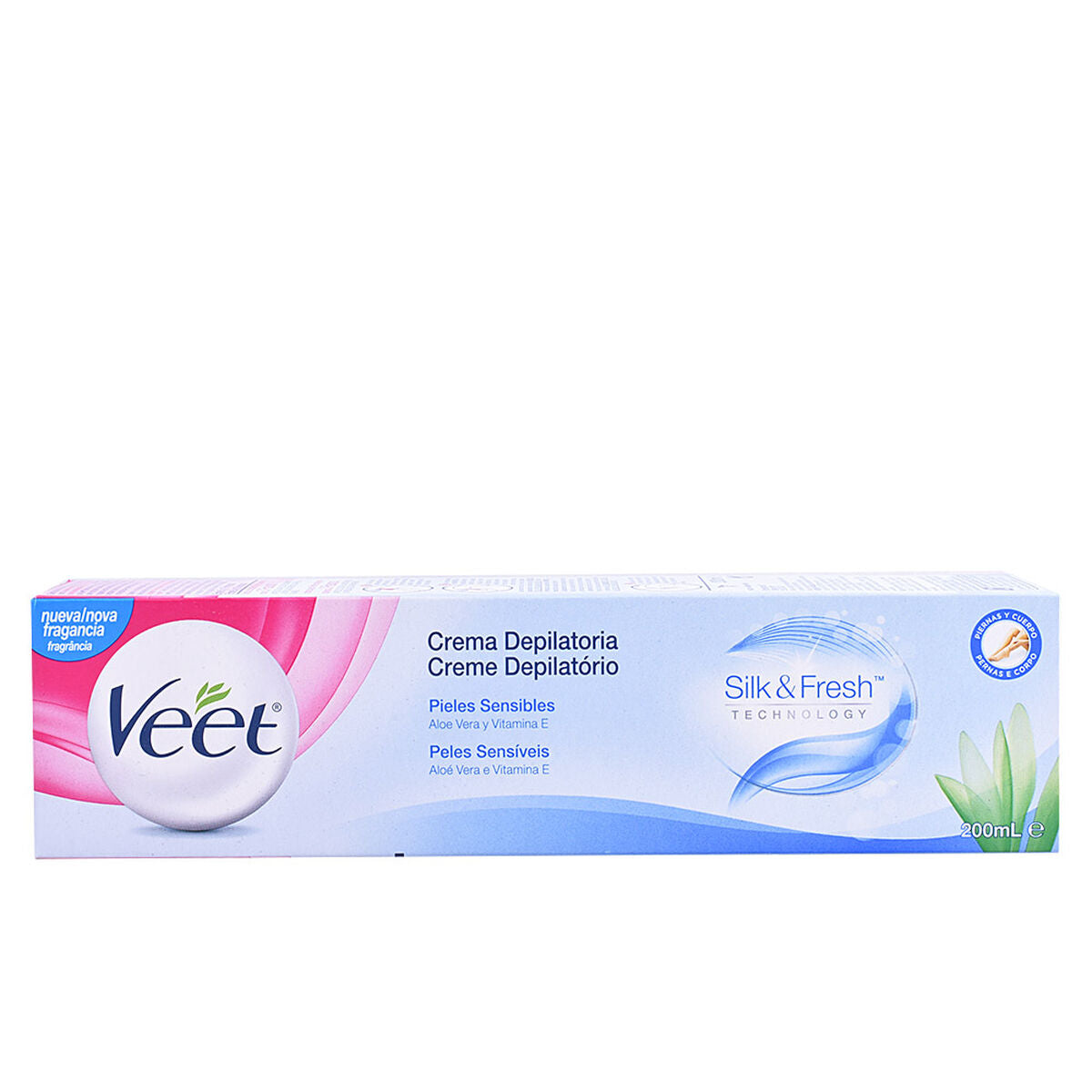 Veet Silk & Fresh depilatory cream for sensitive skin, 200ml package with aloe vera and vitamin E.