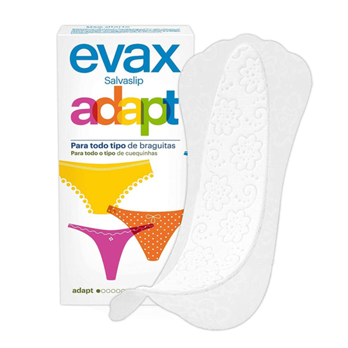 Protège-slip Evax adapt, 30 unités, conçu pour tout type de lingerie féminine, offrant confort et protection.