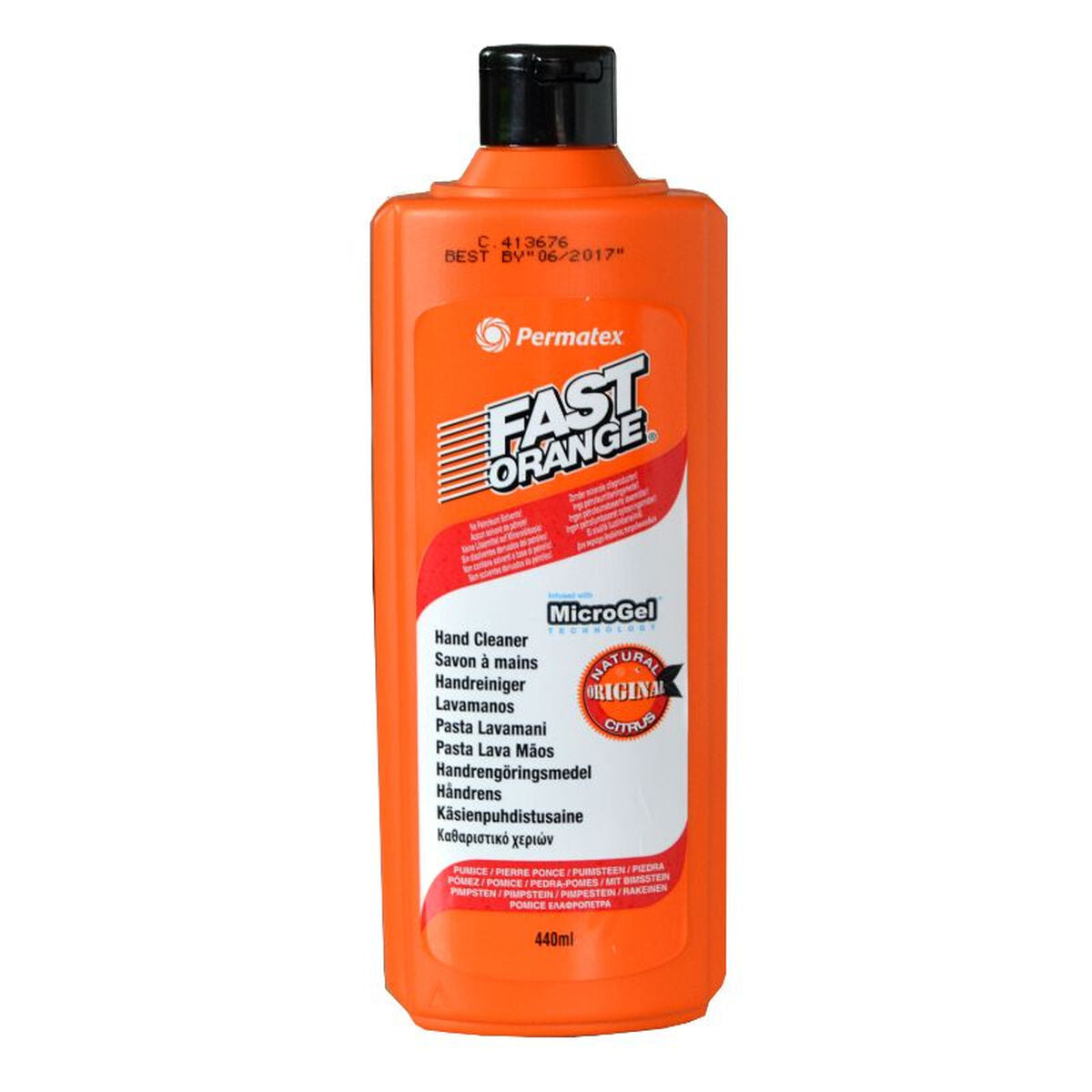Savon pour les Mains Permatex Fast Orange 440 ml, biodégradable et contenant de l'extrait d'aloe vera, couleur orange.