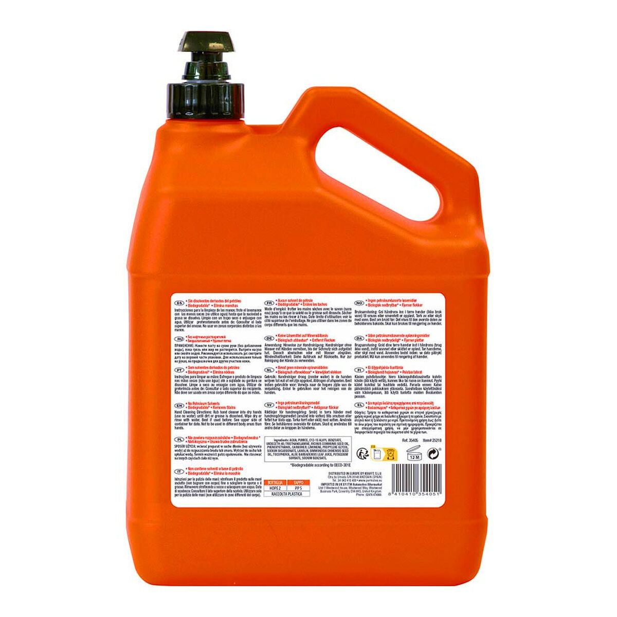 Gallon of Permatex Fast Orange hand soap in orange, featuring label with usage instructions and safety information.