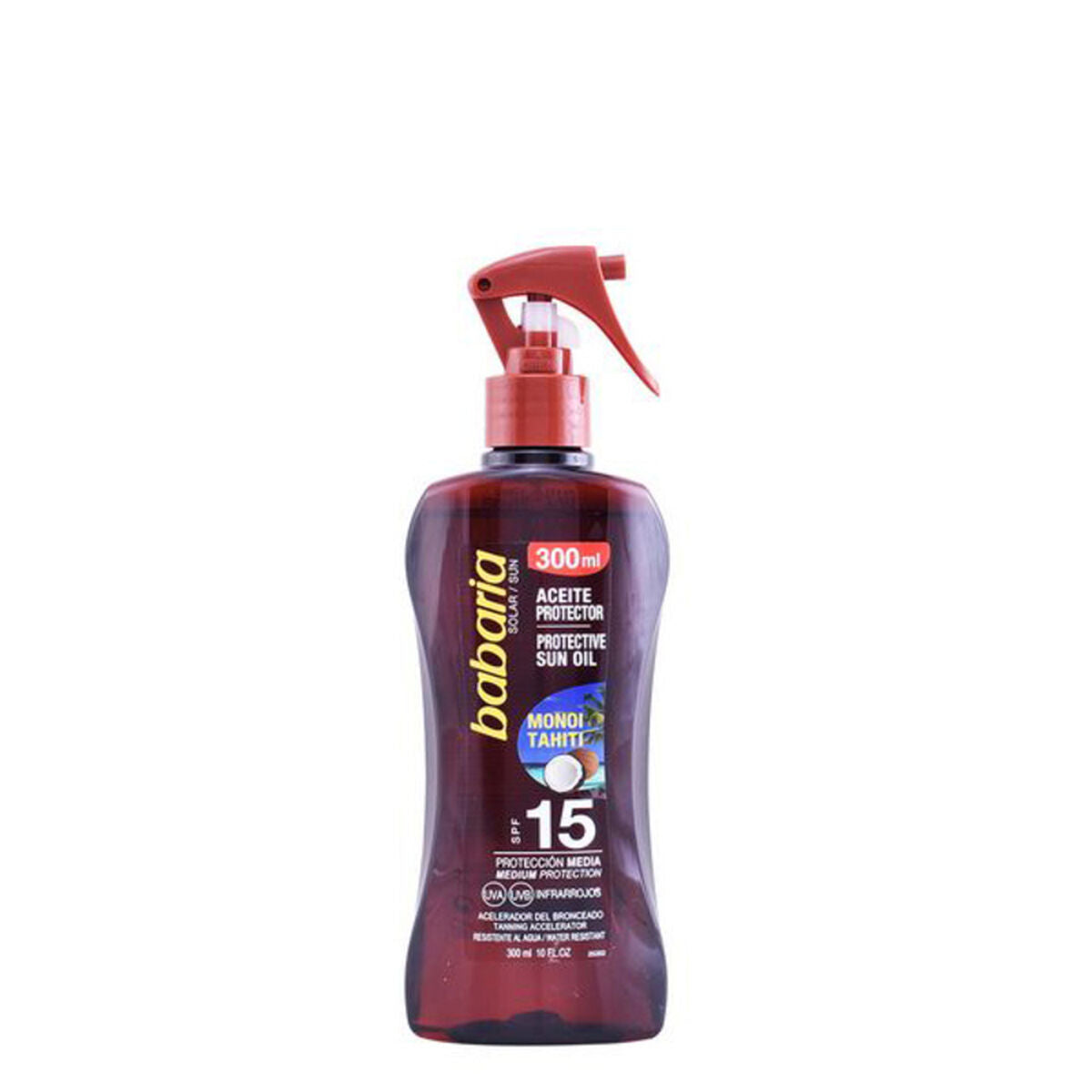 Huile protectrice Monoi Tahiti Babaria SPF 15 en flacon spray de 300 ml pour un bronzage sain et lumineux.