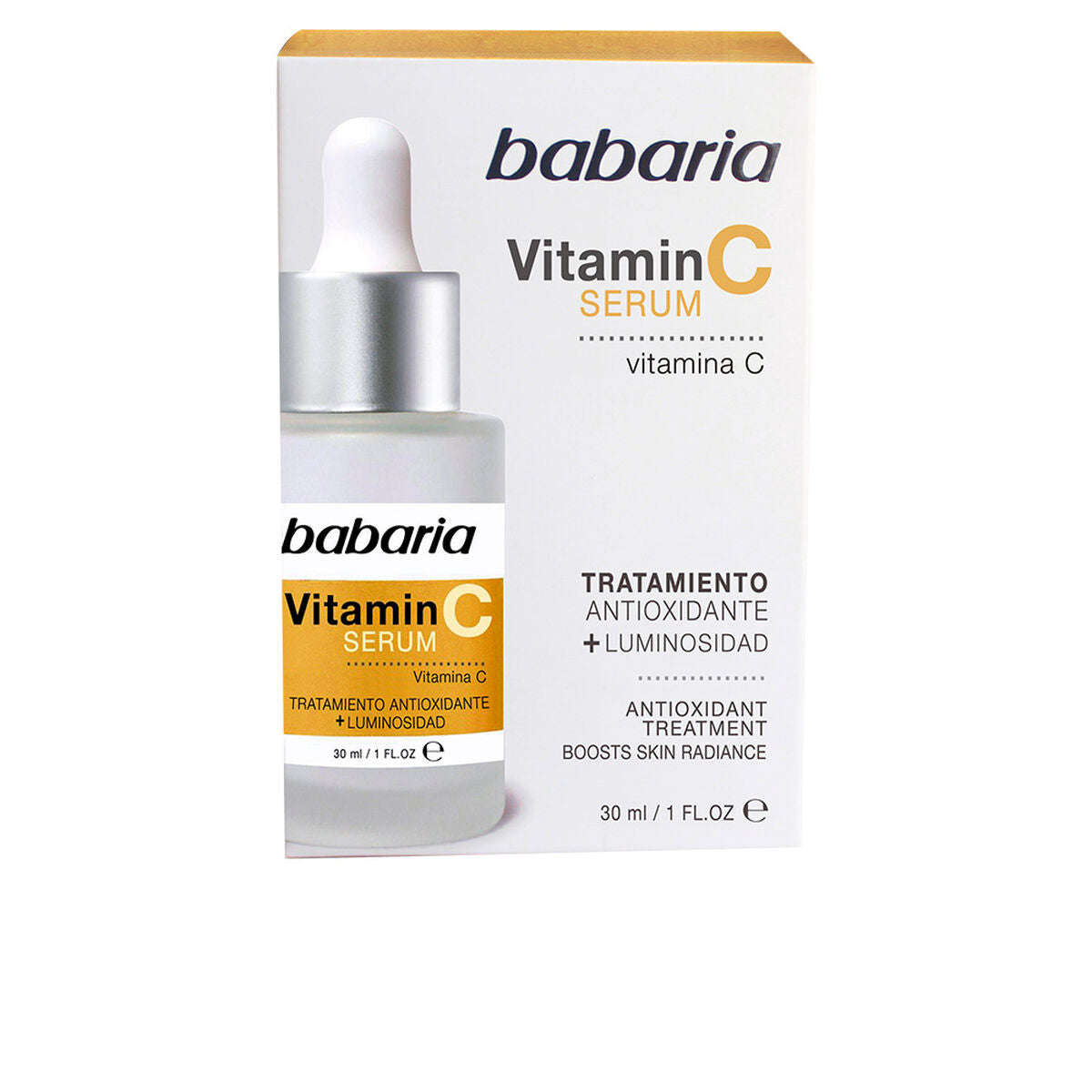 Sérum antioxydant Babaria 30 ml, traitement à la vitamine C boostant l'éclat de la peau, en boîte.
