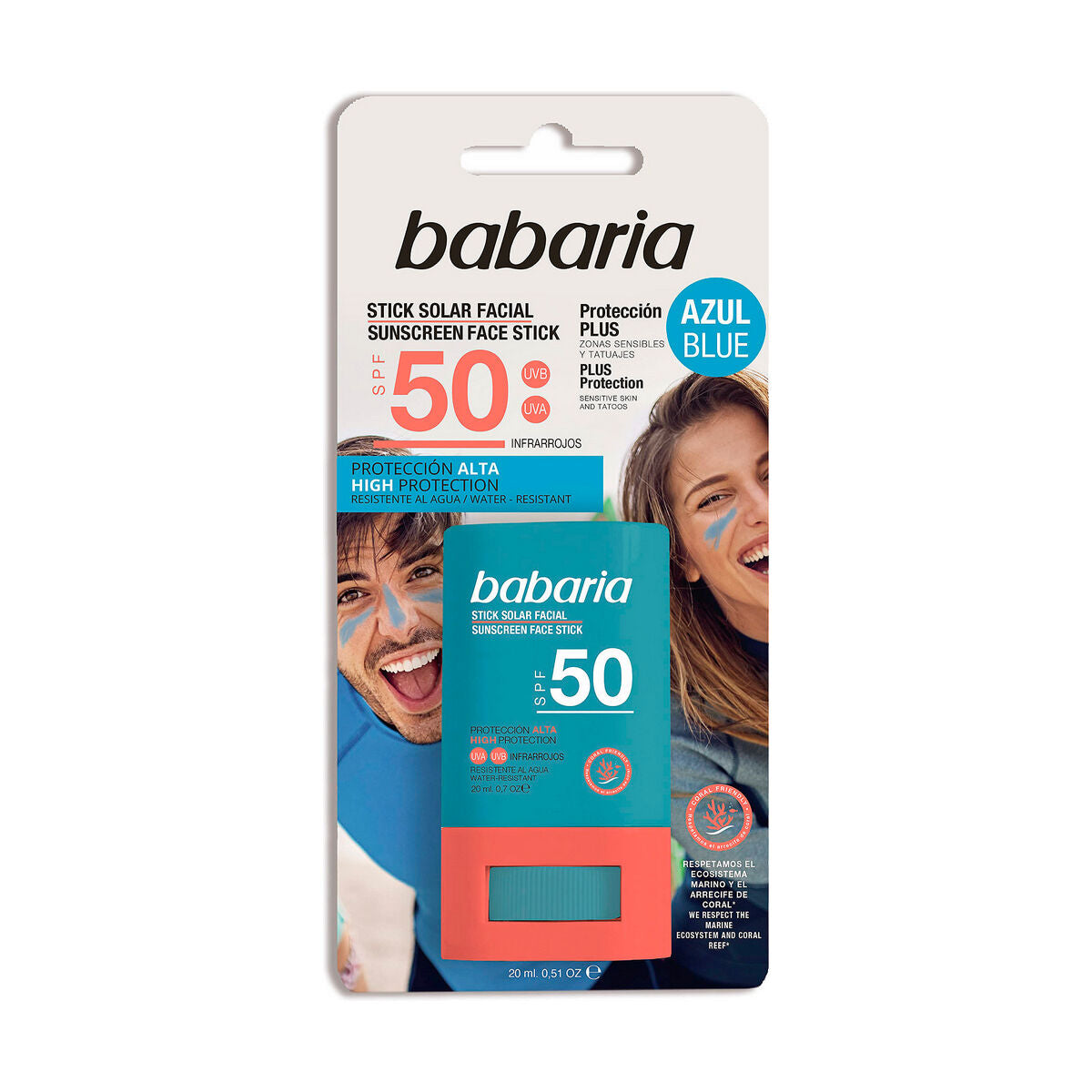 Écran solaire visage Babaria SOLAR SPF 50 en stick, 20 g, protection élevée, packaging coloré avec couple souriant.