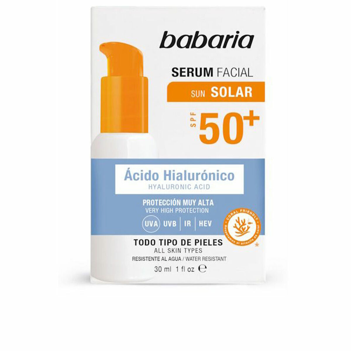 Babaria facial serum with hyaluronic acid, SPF 50+, water-resistant, for all skin types, 30 ml packaging.