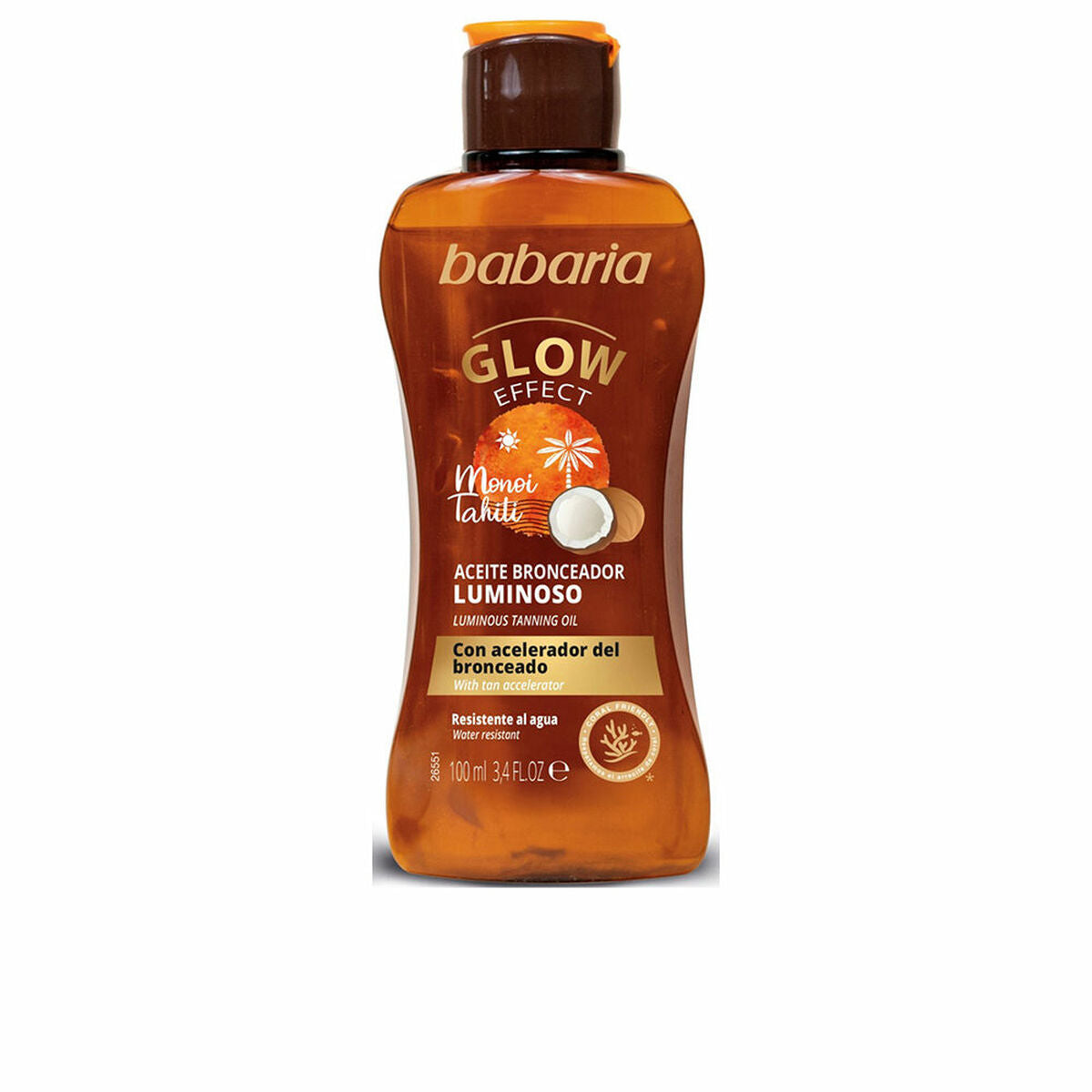 Huile Bronzante Babaria Monoi Tahiti 100 ml, bronzant biphasique résistant à l'eau pour un teint éclatant.