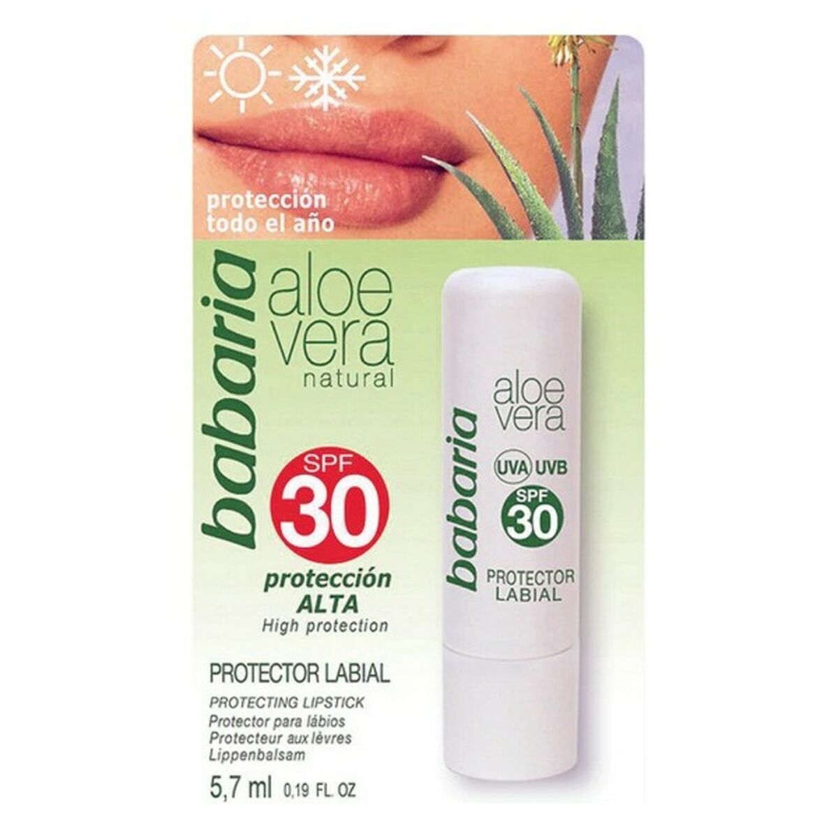 Babaria SPF 30 Lip Protector Stick with Aloe Vera for high sun protection.