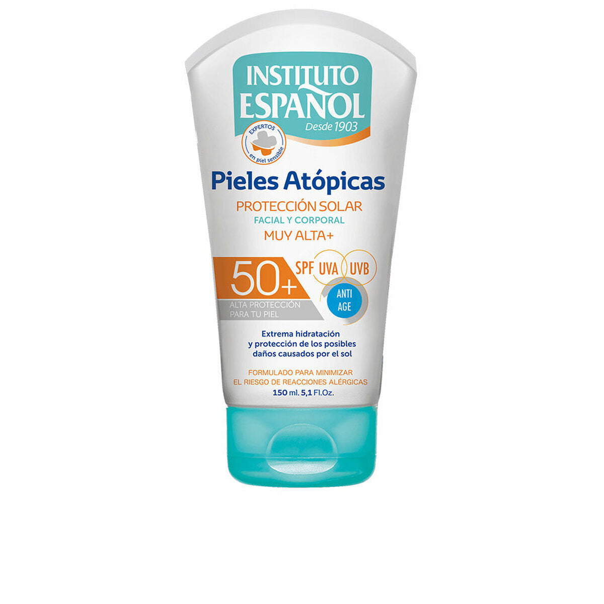 Protecteur Solaire Instituto Español PIEL ATÓPICA Spf 50+, hydratation et protection des peaux sensibles, 150 ml.
