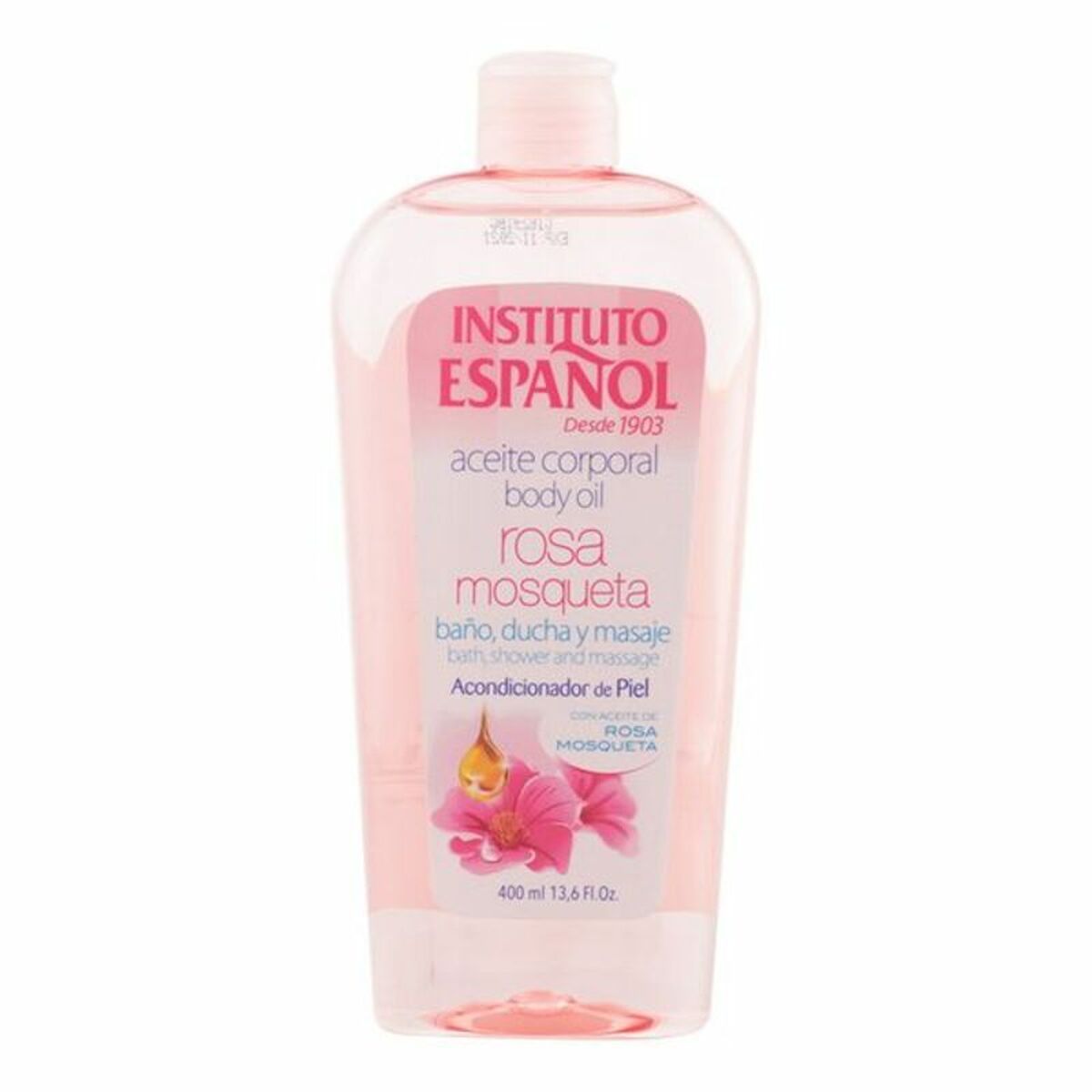 Huile corporelle Rosa Mosqueta Instituto Español 400 ml dans une bouteille transparente, idéale pour le bain et le massage.