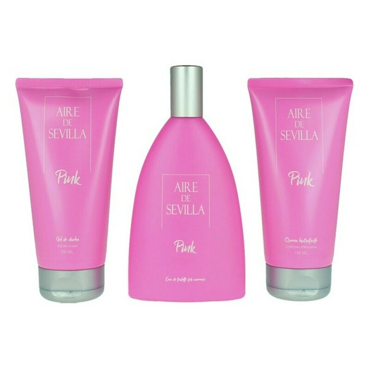 Set de Parfum Femme Pink Aire Sevilla EDT with shower gel, body lotion, and Eau de Toilette in a pink packaging.