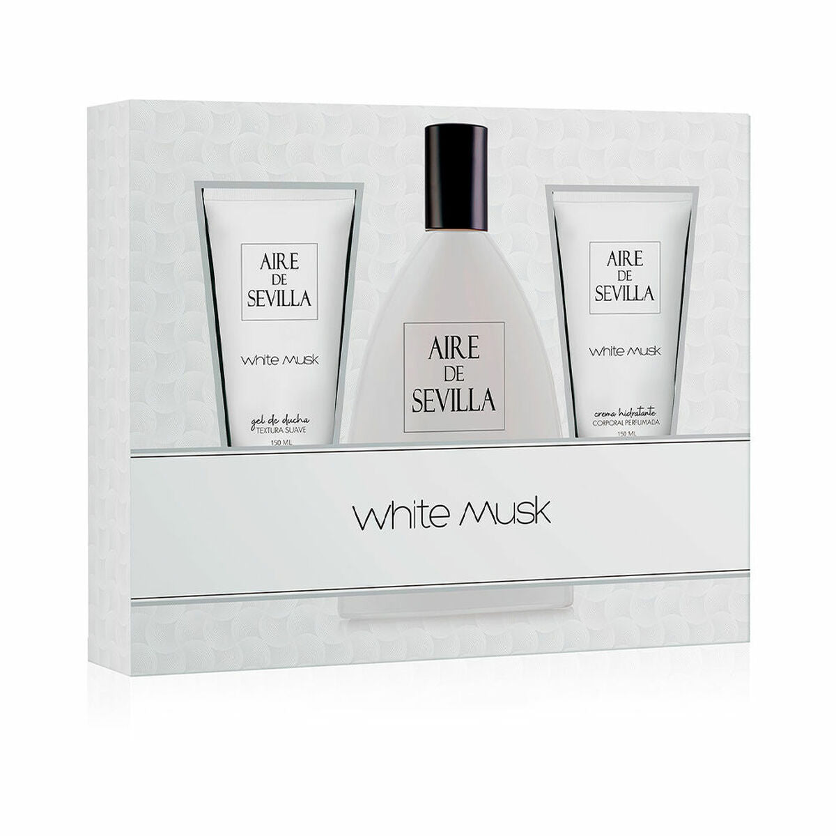 Set de Parfum Femme Aire Sevilla White Musk EDT 3 pièces avec gel douche, eau de toilette et crème hydratante.