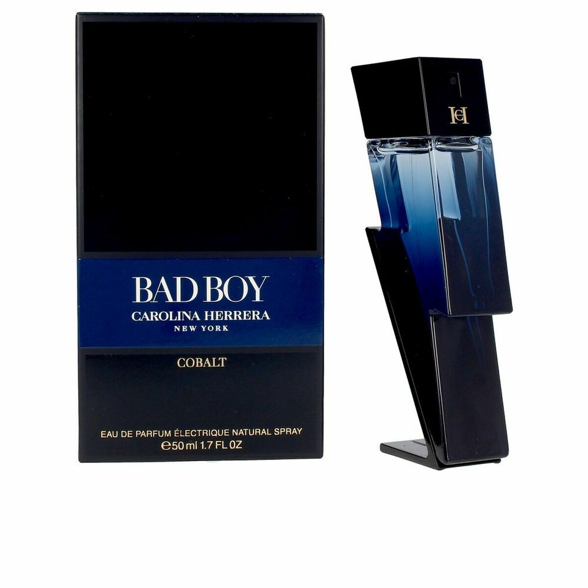Carolina Herrera Bad Boy Cobalt EDP 50 ml perfume bottle design with sleek black and blue packaging.