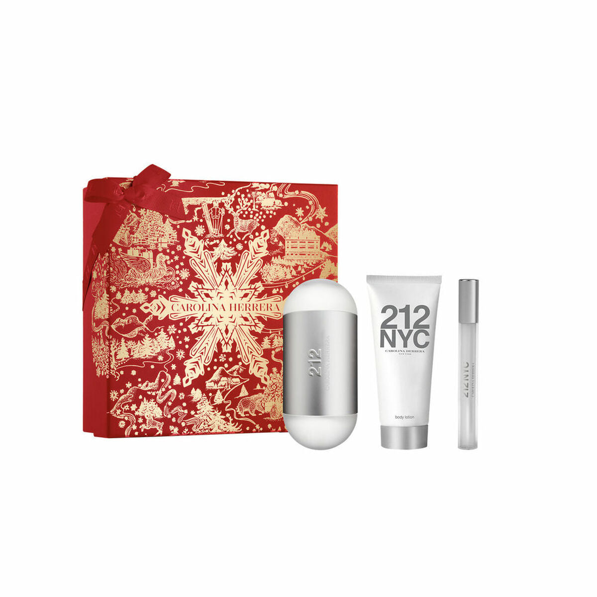 Set de Parfum Femme Carolina Herrera 212 NYC FOR HER 3 pièces avec emballage festif comprenant un parfum et produits cosmétiques.