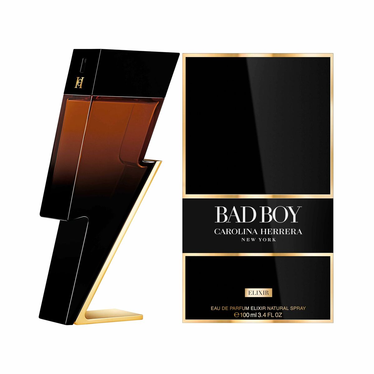 Parfum Homme Carolina Herrera BAD BOY 100 ml with stylish packaging showcasing unique lightning bolt design.