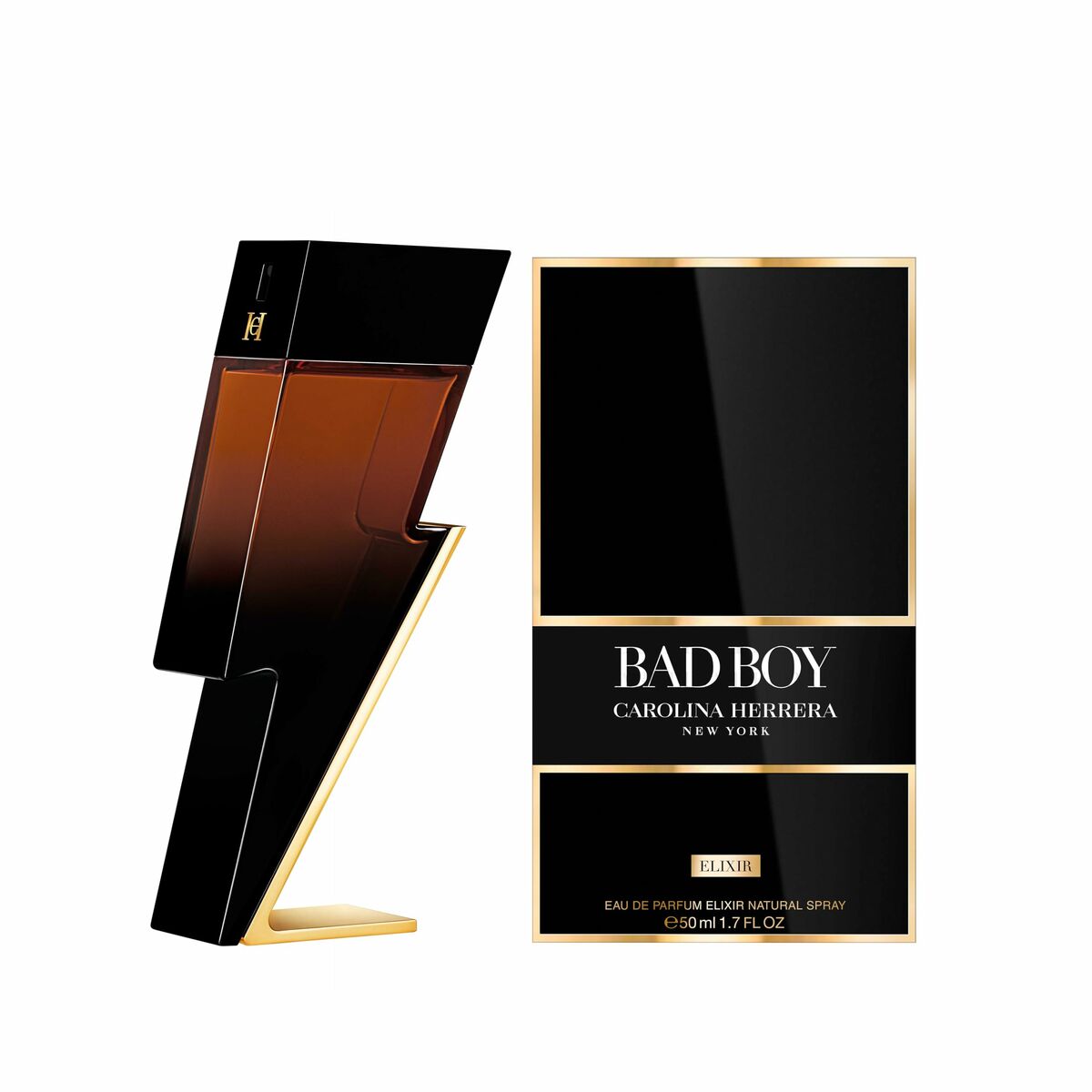 Parfum Homme Carolina Herrera BAD BOY 50 ml packaging and bottle design featuring a lightning bolt shape.