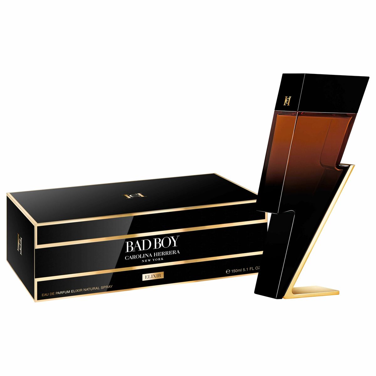 Parfum Homme Carolina Herrera BAD BOY 150 ml avec packaging élégant, flacon distinctif en forme d'éclair.