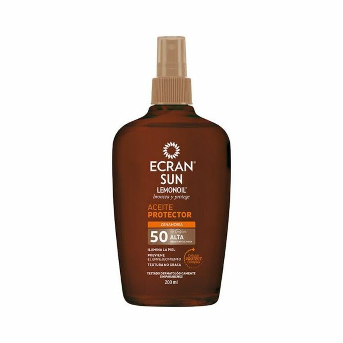 Huile solaire Ecran Sunnique SPF 50, 200 ml, protection solaire haute, unisexe, pour un bronzage sans compromis.