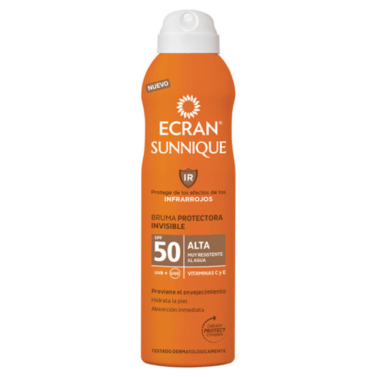 Spray solaire Ecran Sunnique SPF 50, brume protectrice invisible, 250 ml, hautement résistant à l'eau.