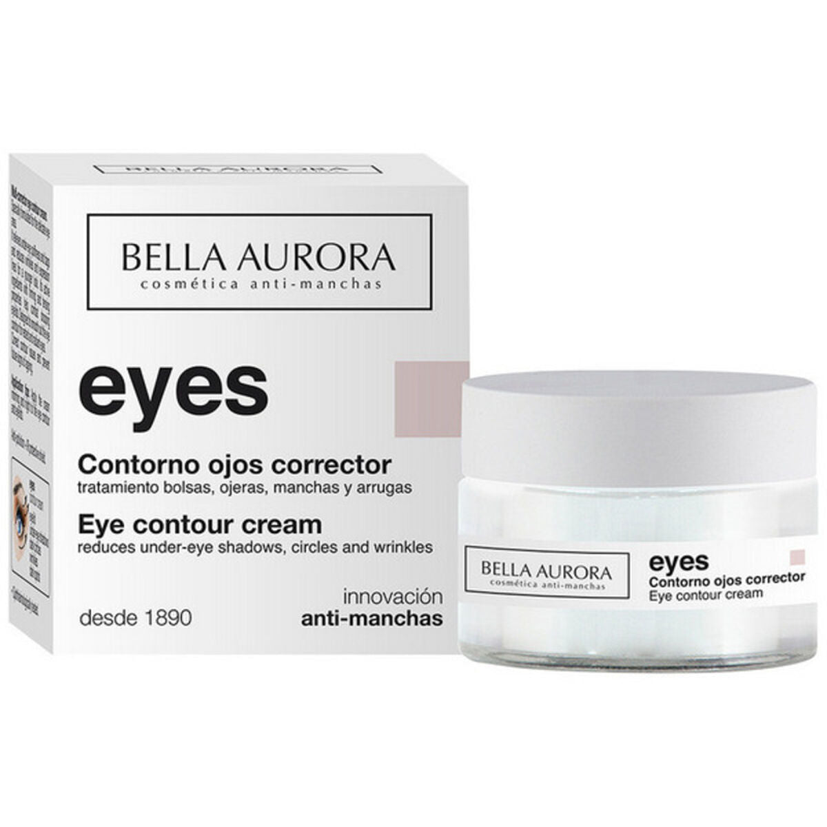 Crème pour les yeux Bella Aurora dans son pot, conçue pour réduire les cernes, les poches et les rides. 15 ml de soin de qualité.