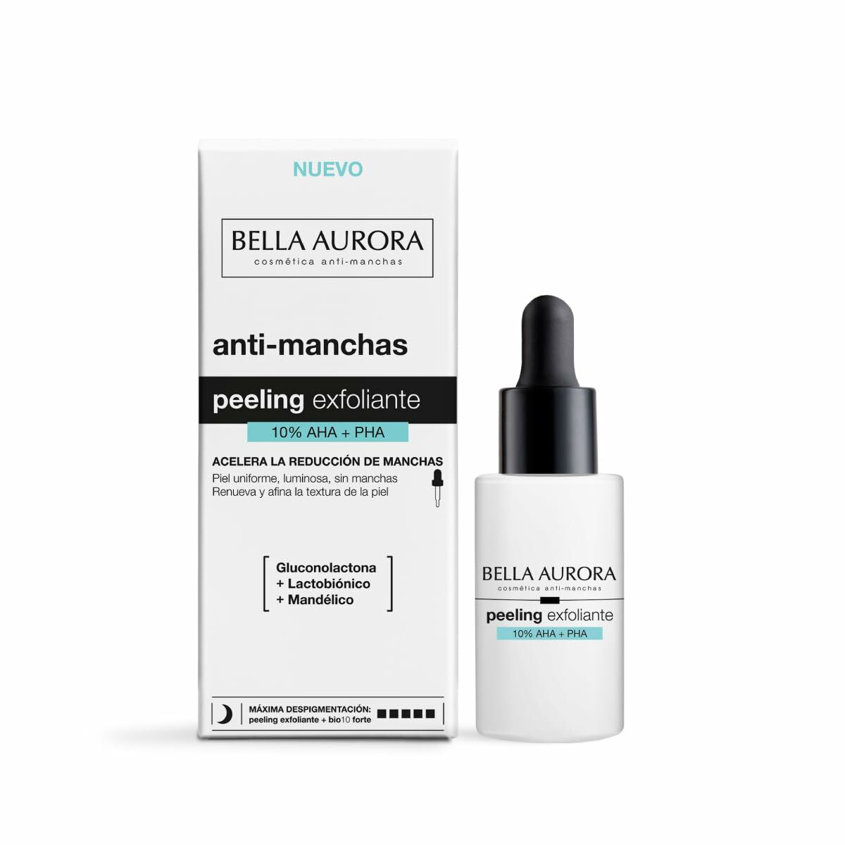 Bella Aurora peeling exfoliant 10% AHA PHA, sérum anti-taches, flacon doseur pour soins de la peau.