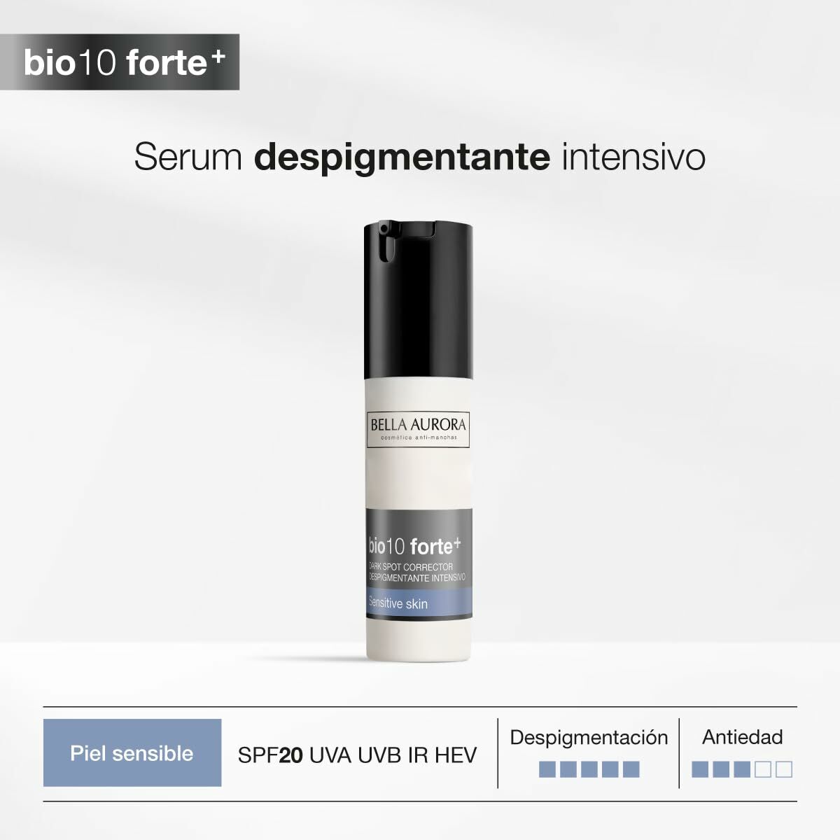 Serum bio10 forte+ de Bella Aurora, intense dépigmentant pour peau sensible, avec SPF20, UVA, UVB, IR, HEV.