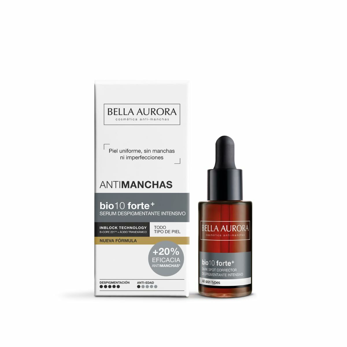 Crème visage Bella Aurora BIO10 30 ml, unisexe, avec doseur, texture sérum, ingrédients actifs pour une peau uniforme.