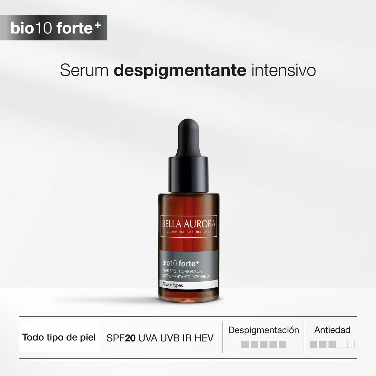 Serum despigmentant intensif bio10 forte+ de Bella Aurora pour tous types de peau, avec protection SPF20.
