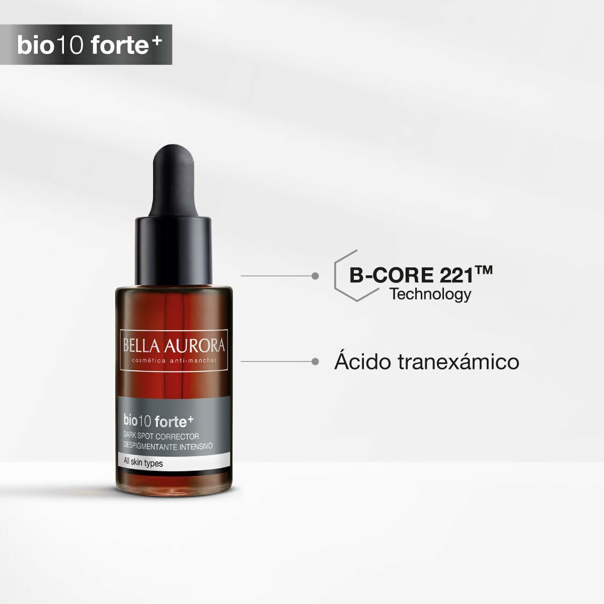 Bella Aurora bio10 forte+ serum with B-CORE 221 technology for all skin types, featuring ácido tranexámico.