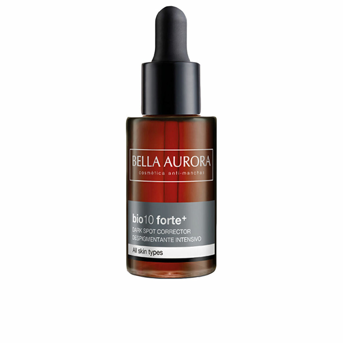 Bella Aurora BIO10 forte+ dark spot corrector serum in a glass dropper bottle, suitable for all skin types.