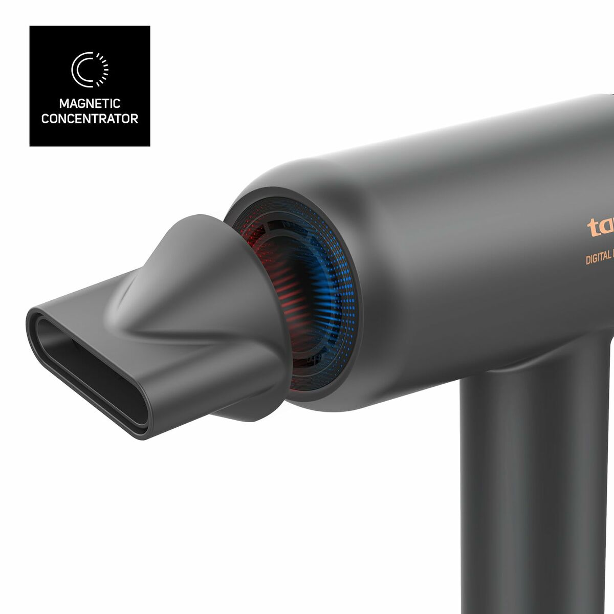Taurus FORCE 2000 IONI hair dryer with magnetic concentrator attachment for precise styling.