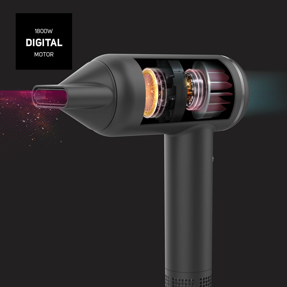 Image showing the interior of an 1800W digital motor hair dryer with highlighted features.
