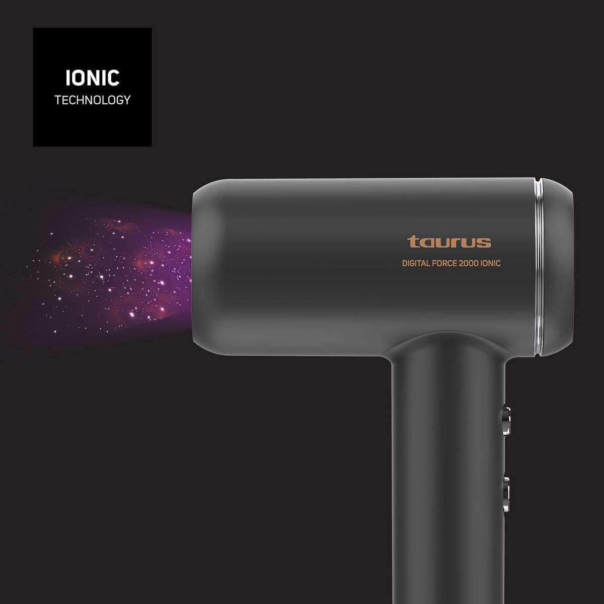 Taurus FORCE 2000 IONI hairdryer showcasing ionic technology with a sleek black design.