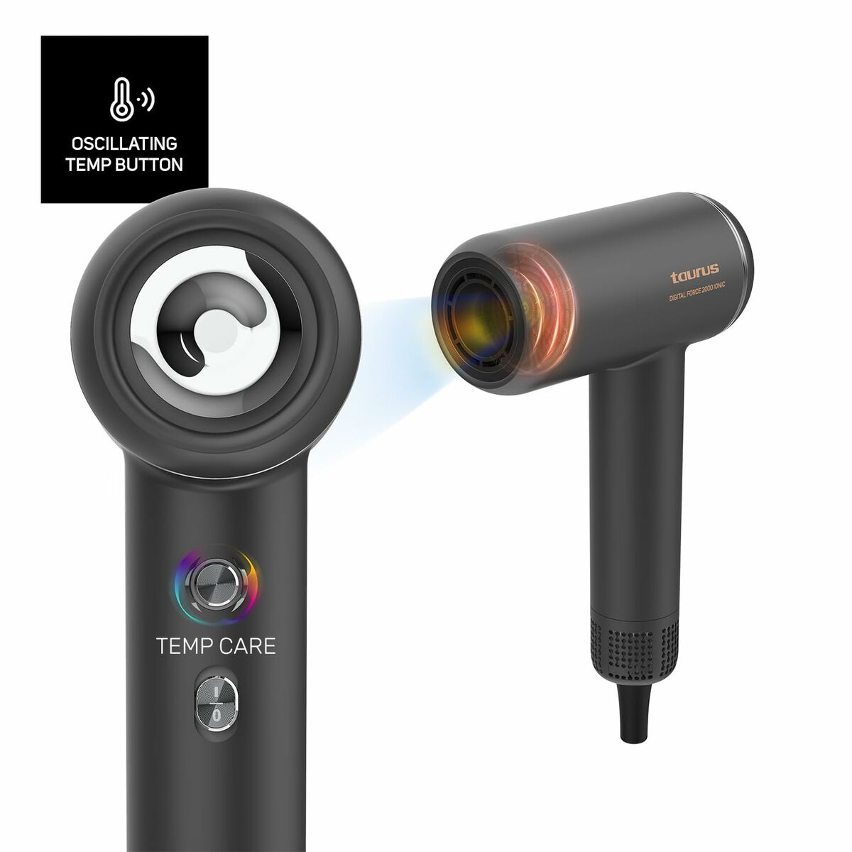Détail du Sèche-cheveux Taurus FORCE 2000 IONI Noir, bouton de température oscillant et fonction Temp Care.