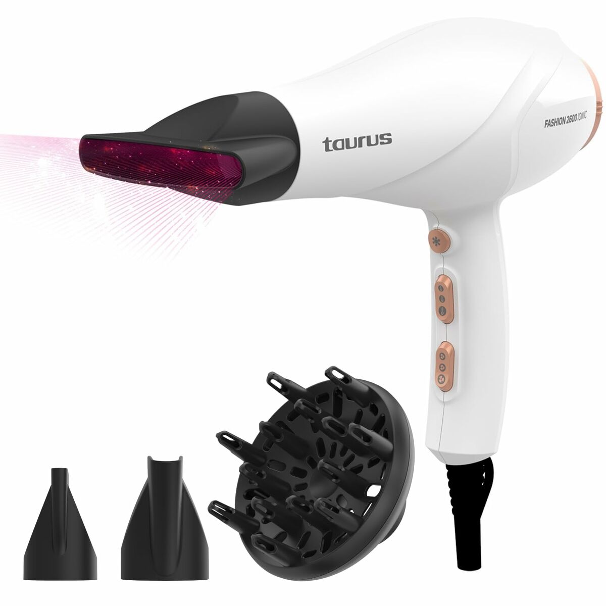 Sèche-cheveux Taurus FASHION 2600 IO avec accessoires, design moderne et technologie avancée pour un séchage efficace.
