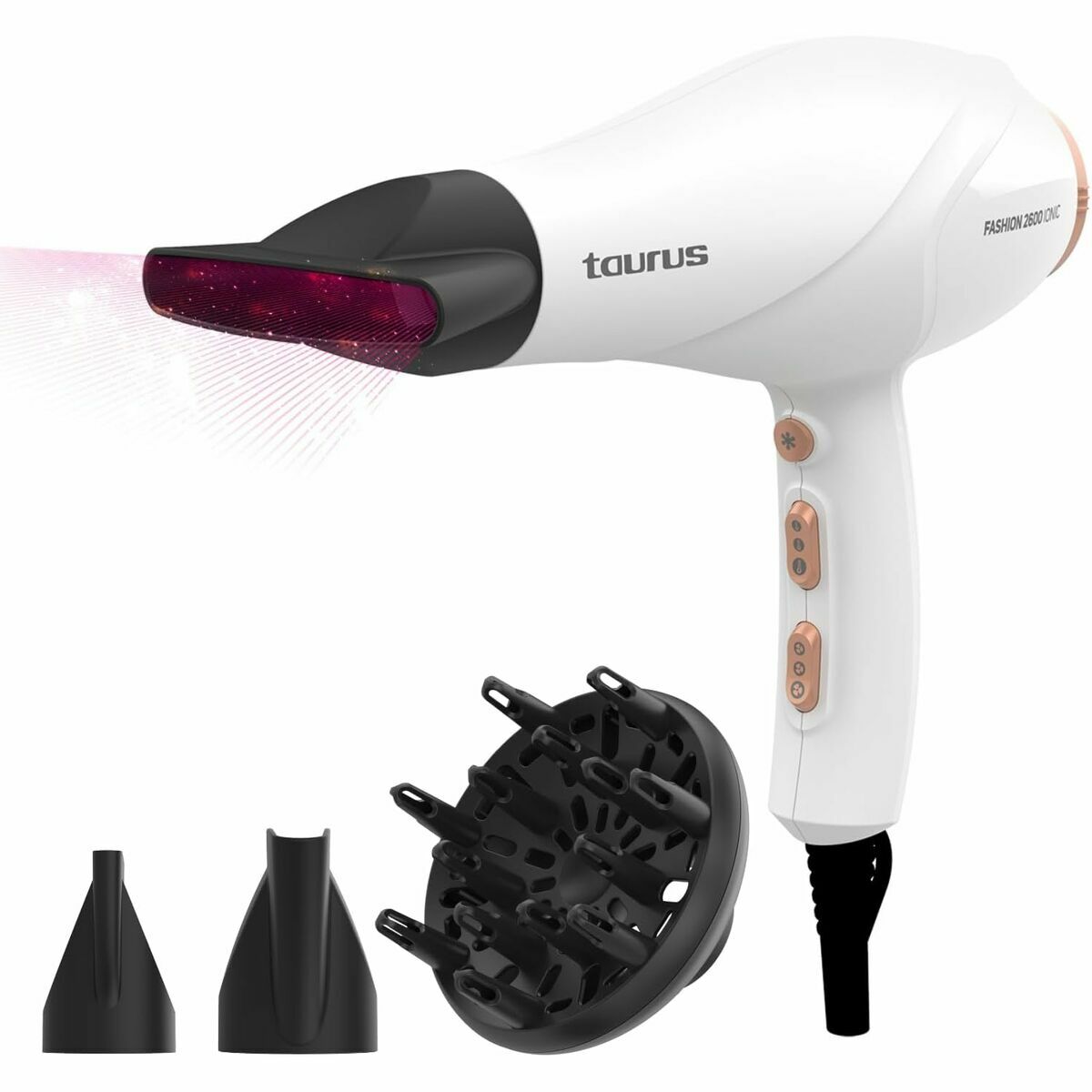 Sèche-cheveux Taurus FASHION 2600 IO avec accessoires, idéal pour des coiffures tendance et une utilisation optimale.
