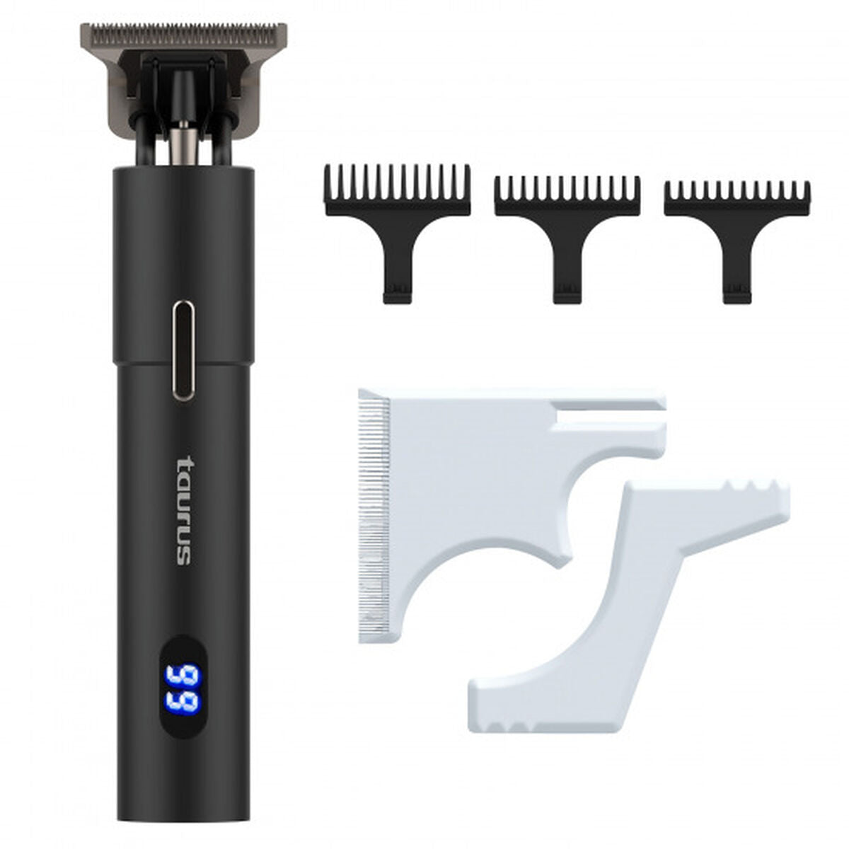 Tondeuse Taurus rechargeable with digital display, comb attachments, and stainless steel blades in black.