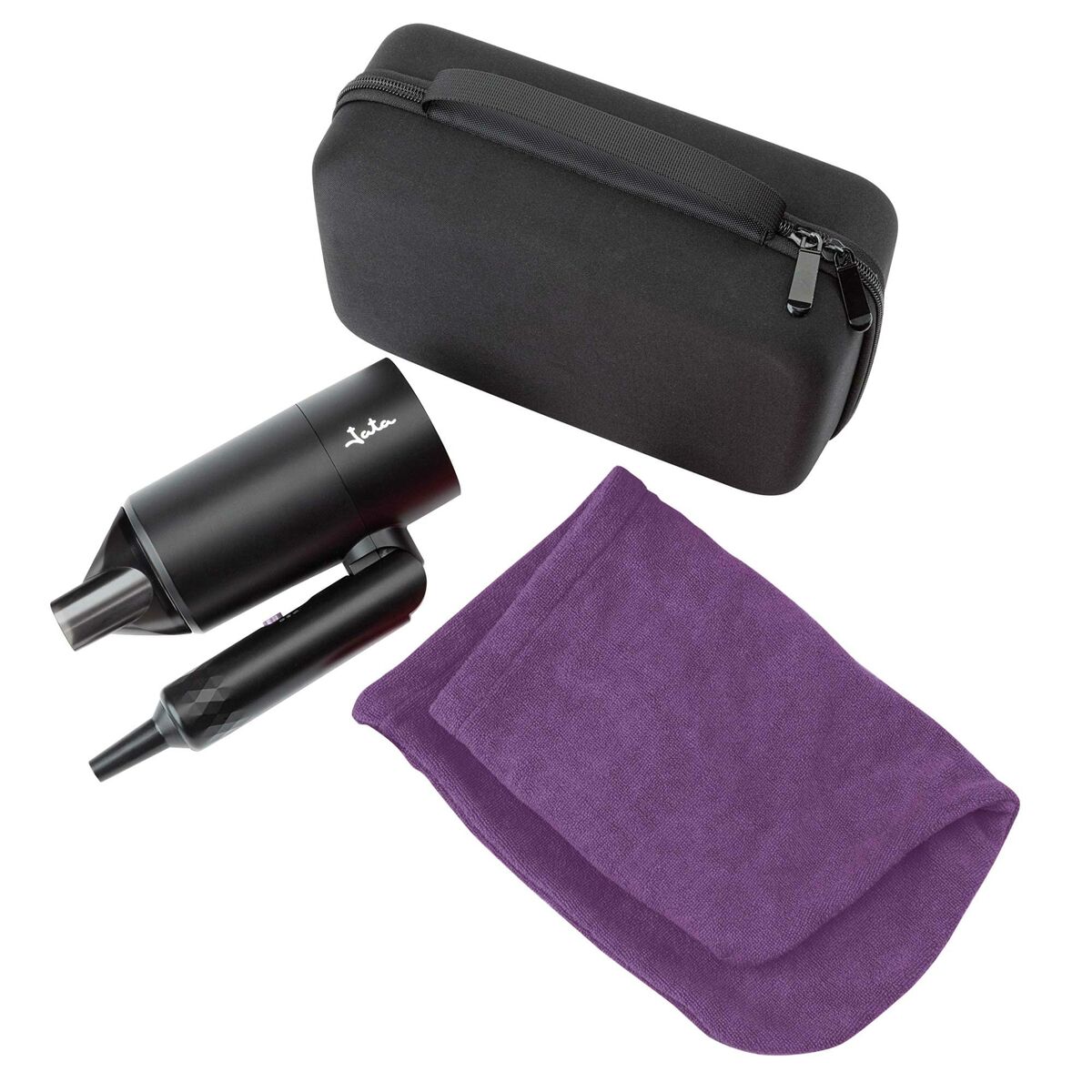 Sèche-cheveux JATA JBSC1430 Noir 2200 W avec étui de rangement et serviette en microfibre violette.