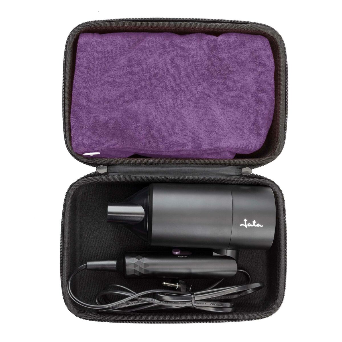Sèche-cheveux JATA JBSC1430 Noir dans un étui avec serviette violette, 2200 W, prise EU.
