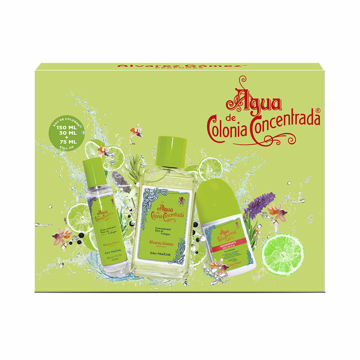 Set de Parfum Unisexe Alvarez Gomez AGUA DE COLONIA EDC, incluant 150 ml, 30 ml, et 75 ml en packaging coloré.